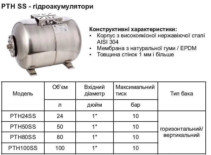 Гидроаккумулятор 24 L GIDROTEH PTH24SS из нержавеющей мембранной стали 30412 - фото 2