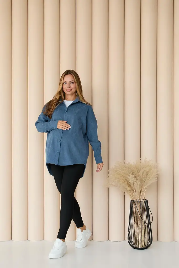 Женская рубашка для беременных стиля oversize из микровельвета Varna размер L-XL Lullababe джинсовая - фото 5