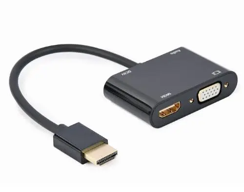 Перехідник HDMI (M) - HDMI (F) / VGA (F), Cablexpert, Black, 15 см, 3.5 мм для передачі звуку, microUSB для додаткового живлення (A-HDMIM-HDMIFVGAF-01)