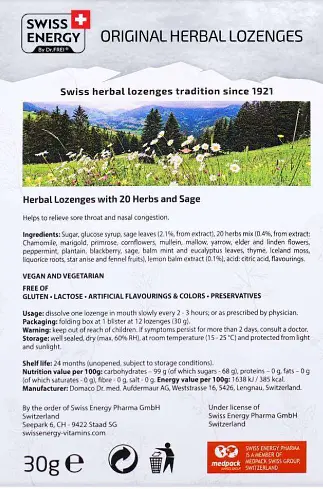 Льодяники від застуди для дітей Swiss Energy Herbal Lozenges Blister 20 herbs Sage for kids 12 мед - фото 2