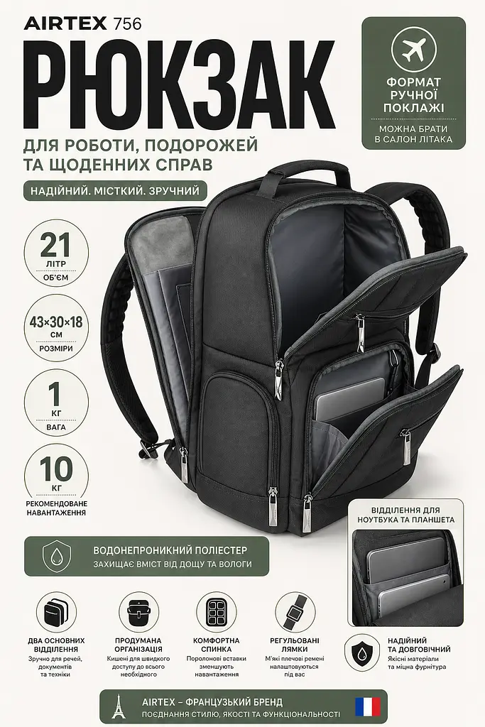 Рюкзак Airtex 756 водонепроникний 21 л Чорний - фото 3
