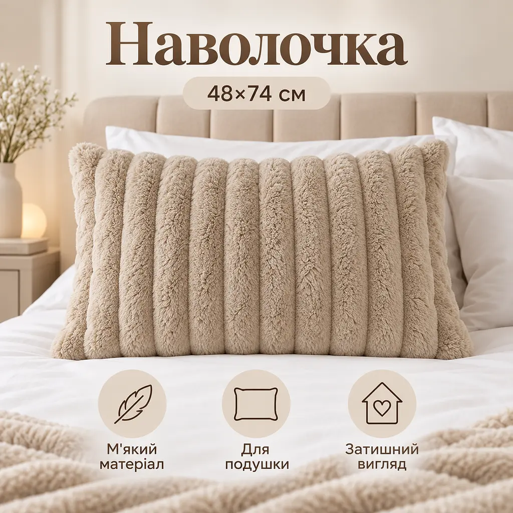 М'яка плюшева хутряна наволочка Solve бежева 48 x 74 см (KT9001011)  - фото 4