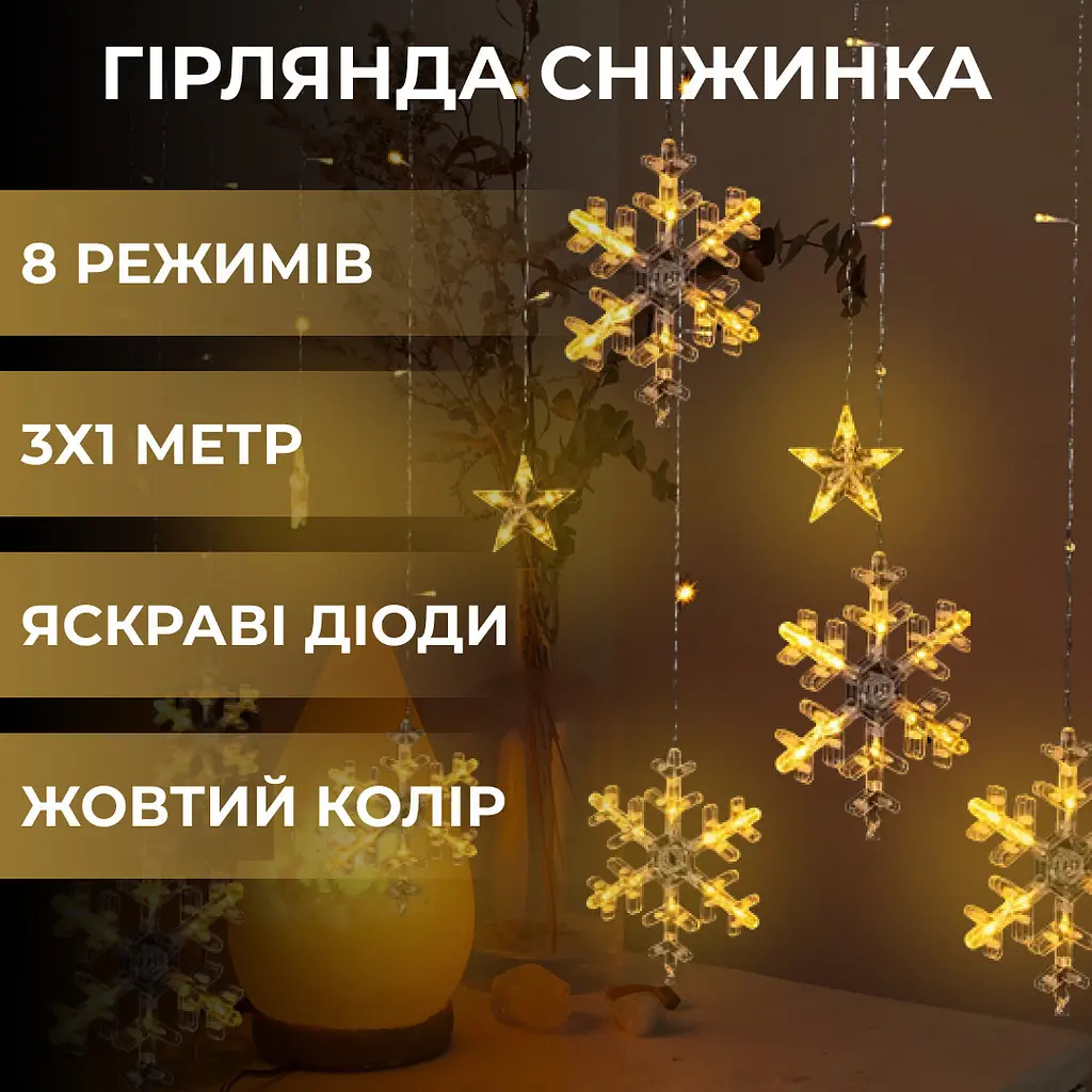 Гірлянда-штора Зірки та сніжинки розмір 3*1 м 12 фігур, жовтий GarlandoPro 1733063Y - фото 13