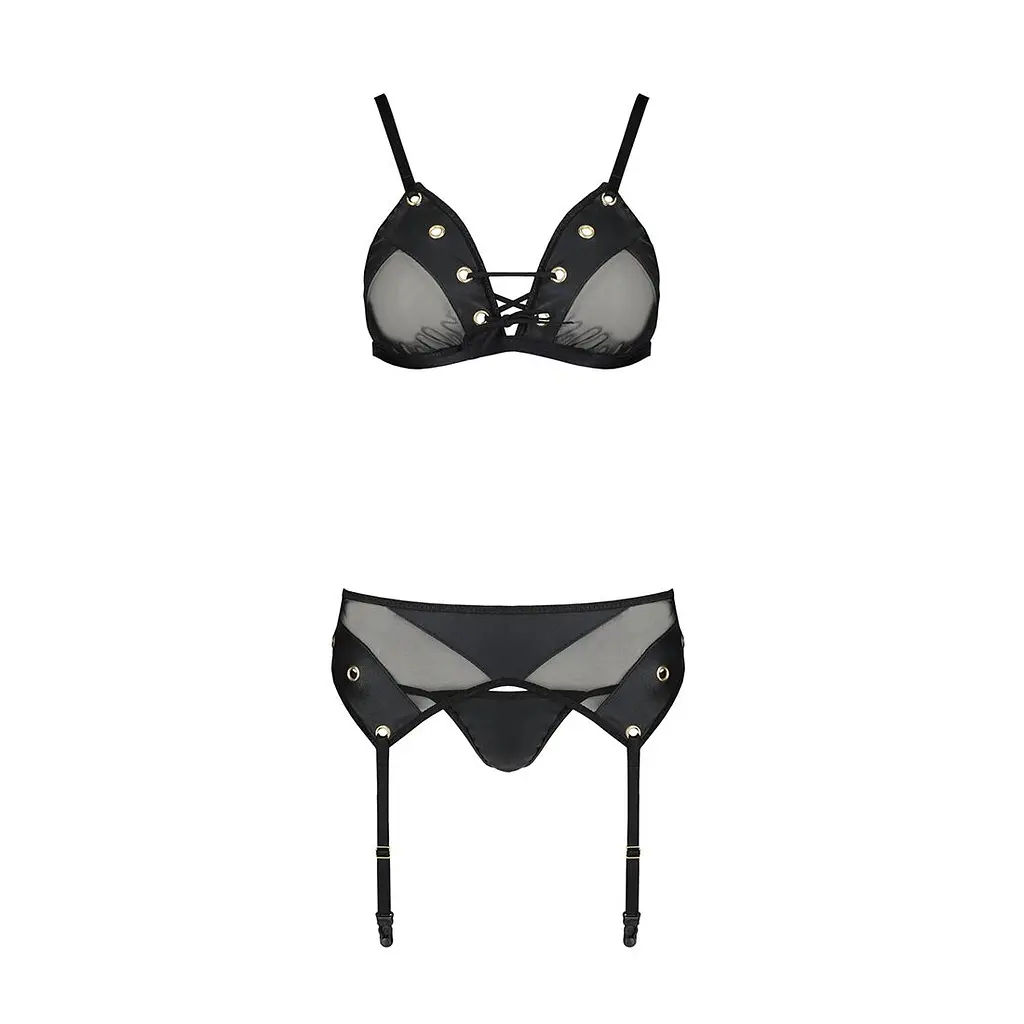 Комплект білизни Passion NESSY SET L/XL black, бюстгальтер, пояс для панчіх, стрінги - фото 3