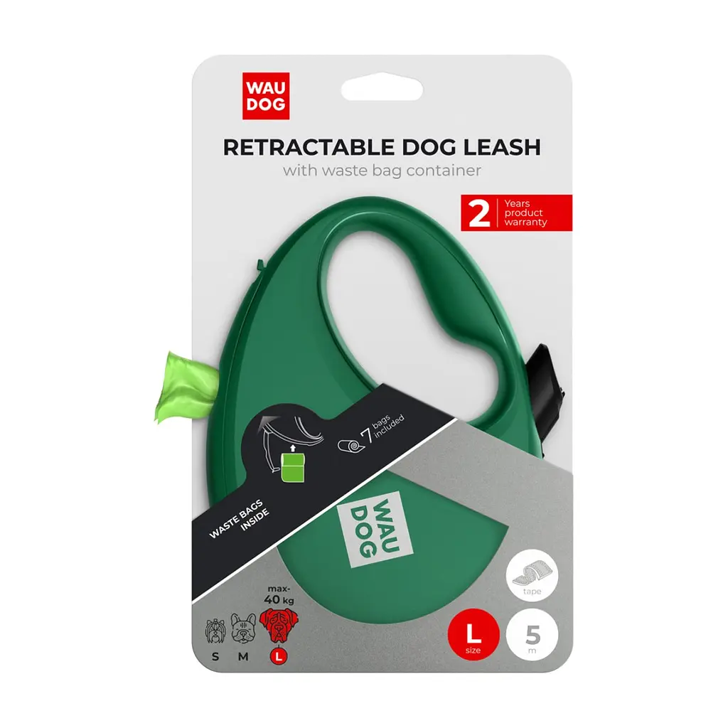 Повідець для собак WAUDOG R-leash з контейнером для пакетів L до 40 кг 5 м зелений (262918) - фото 5