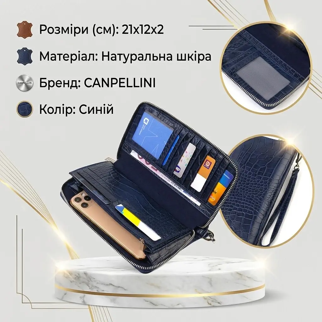 Зручний клатч для жінок із натуральної шкіри із тисненням під крокодила Canpellini 21922 синій - фото 3
