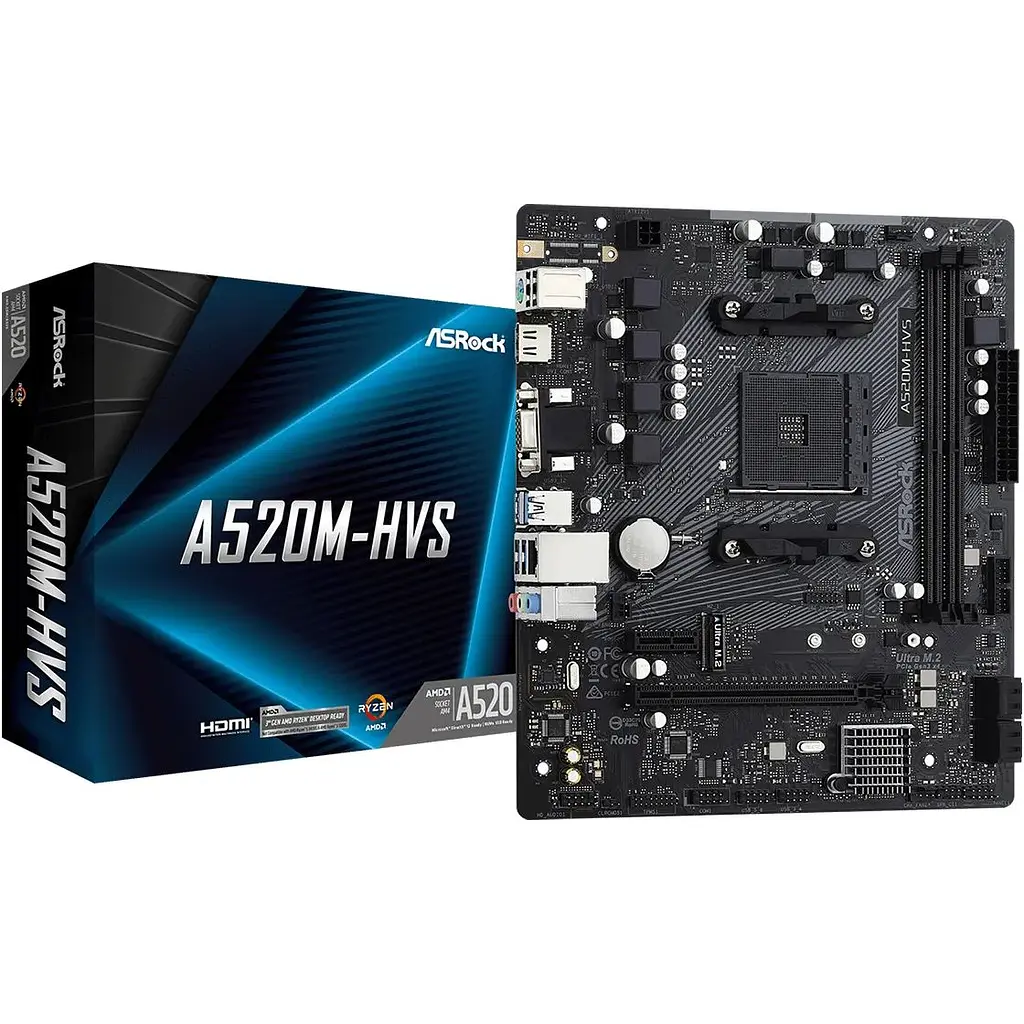 Материнська плата ASRock A520M-HVS (AM4/A520, 2xDDR4, PCIex16, D-Sub/HDMI, 4xSATAІІІ, M.2, GLan, 8ch, mATX) - фото 2
