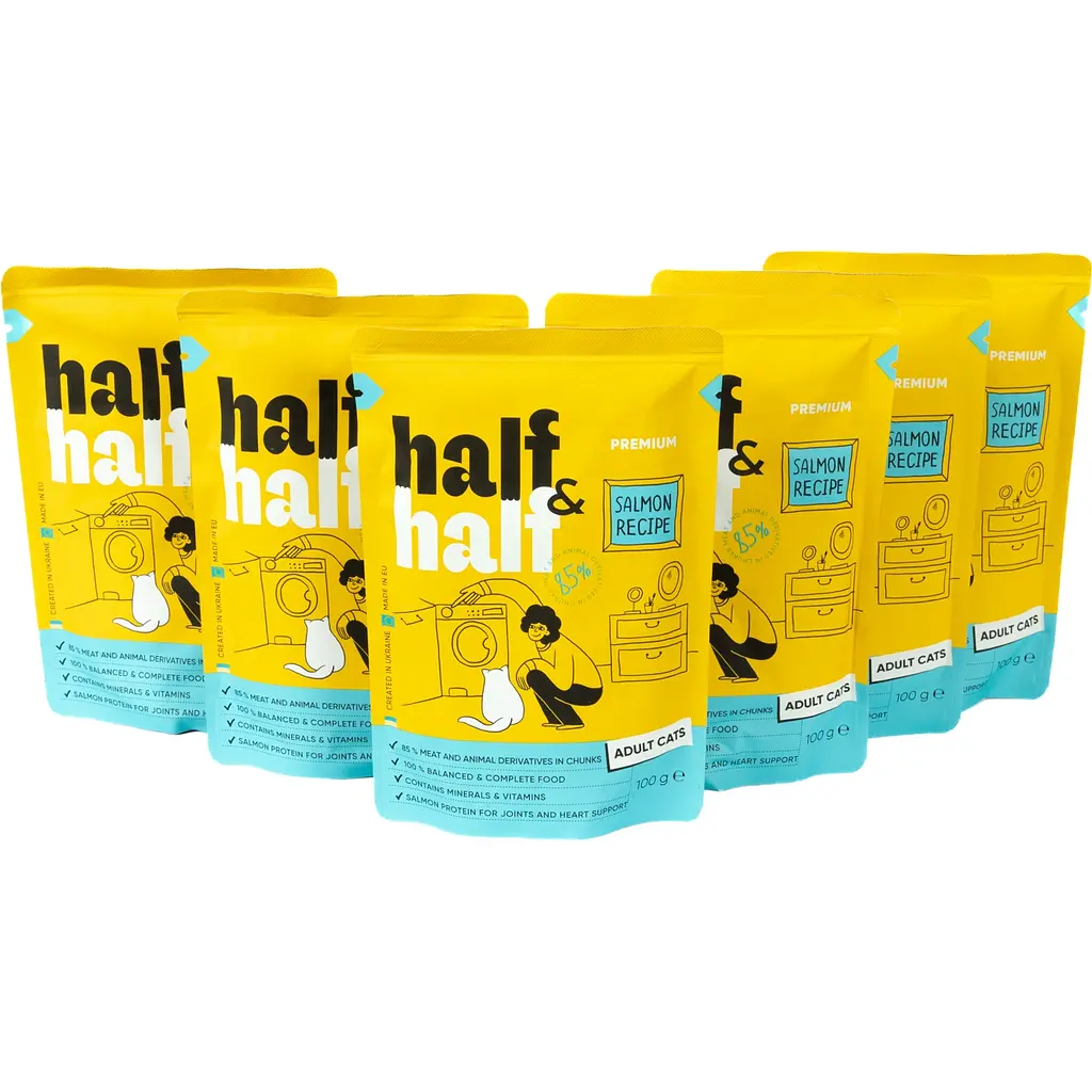 Набор влажных кормов для взрослых кошек Half & Half кусочки с лососем в желе 600 г (6 шт. х 100 г) - фото 5