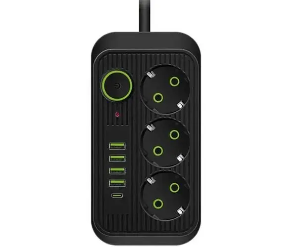 Подовжувач з вимикачем на 3 розетки, з портами USB та Type C, 2500 Вт, 2 м, чорний - фото 2