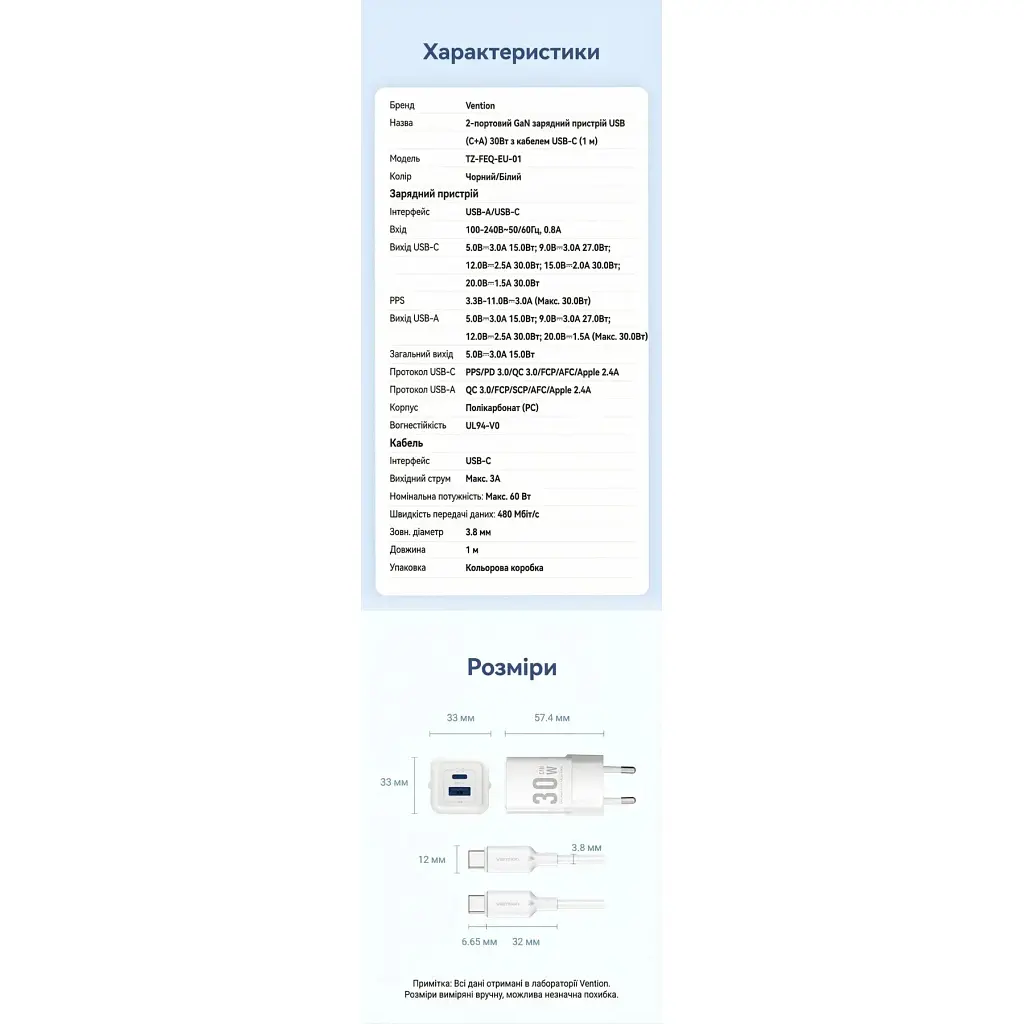 Зарядний пристрій Vention 1xUSB-C PD 30 Вт + 1xUSB QC 3.0 30 Вт GaN + кабель USB-C — USB-C 1.0 м білий (TZ-FEQW0-EU-01) - фото 2