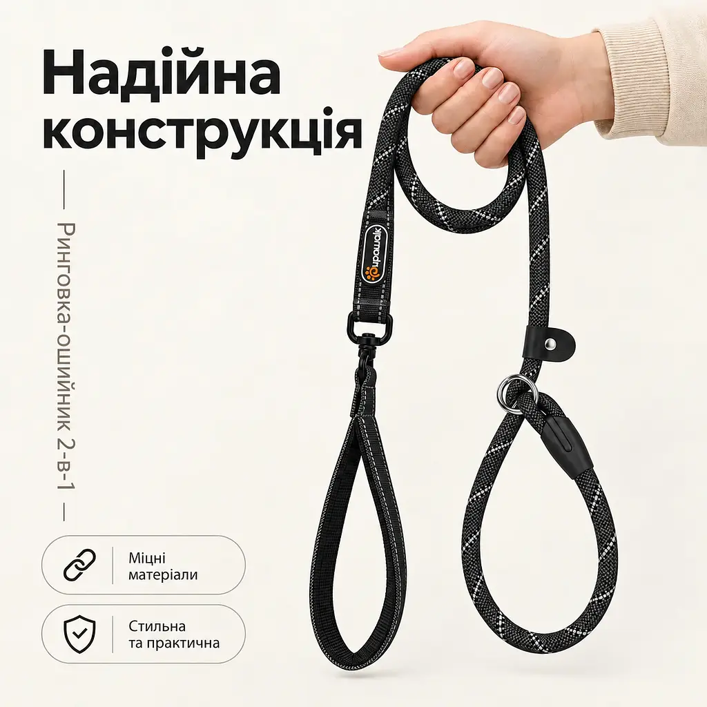 Повідець ринговка для собак Upawalk, повідець контролер зі світловідбивними елементами та поворотним кріпленням, 150 см Чорний - фото 2
