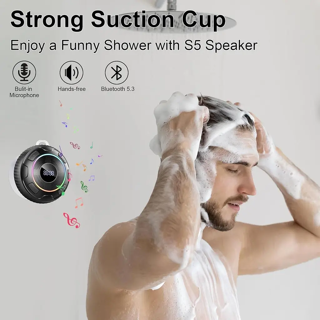 Водонепроникна Bluetooth колонка Hupoaf S5 IPX7 для душу пляжу кемпінгу подорожей з підсвіткою та дисплеєм часу (SKU-033) - фото 3