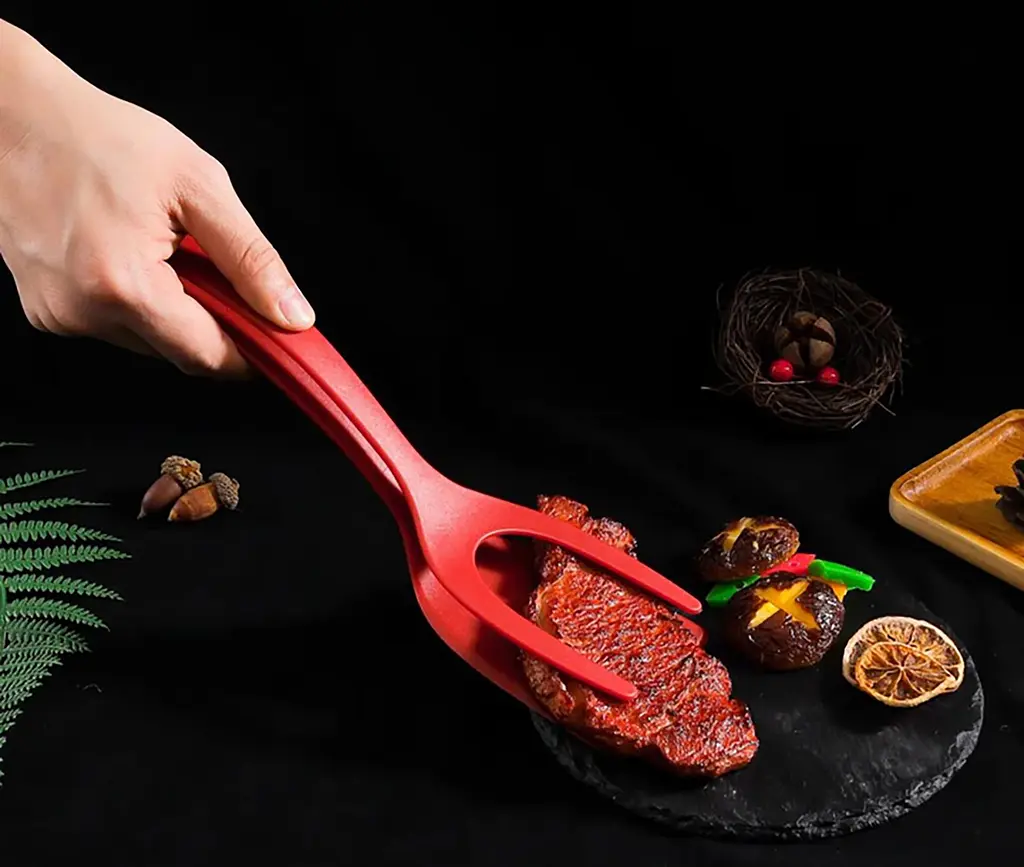 Лопатка-щипці 2в1 для перевертання та захоплення продуктів 31 см, Kitchen Master Червоний 87414 - фото 3