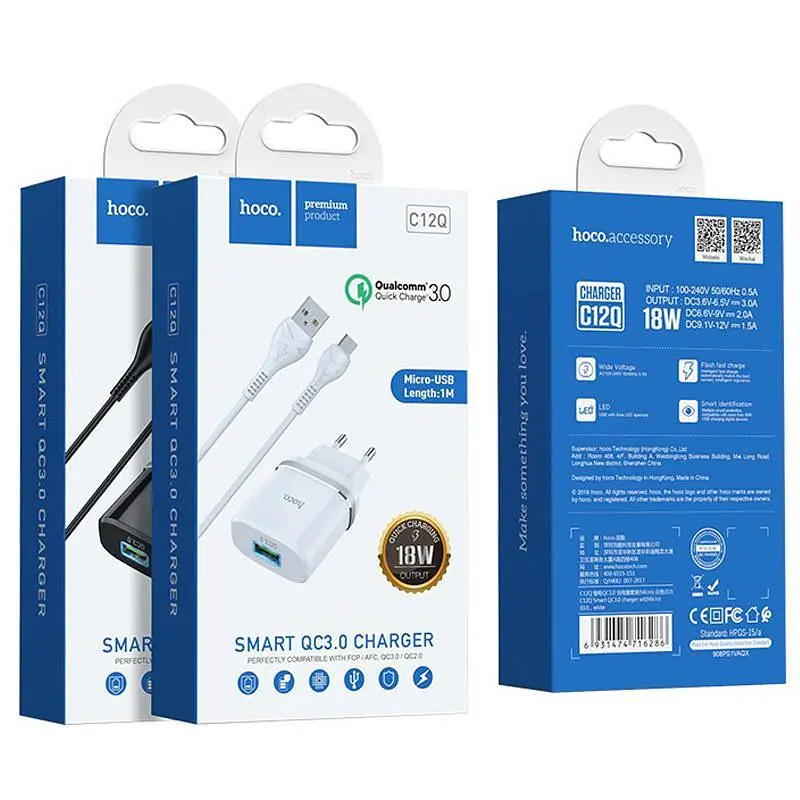Мережевий зарядний пристрій Hoco 1USB C12Q 3 A White + USB Cable XiaomicroUSB - фото 2