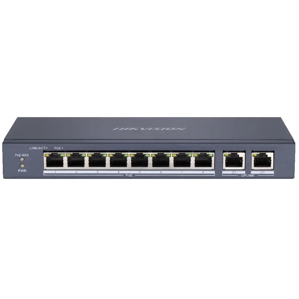 10-портовий некерований POE комутатор Hikvision DS-3E0310P-E/M(B), 8x(100Мбіт/с)PoE + 2x(1000Мбіт/с), 218×28×109 мм