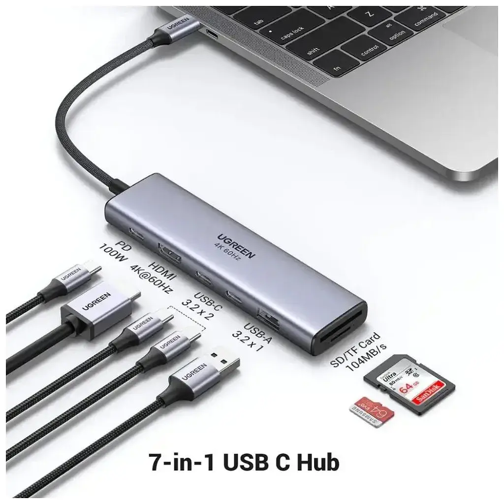 Концентратор Ugreen USB-C 7-in-1 2xUSB 3.0 + 2xUSB-C + HDMI 4K60Hz + SD/TF + PD 100W (45521) - фото 3