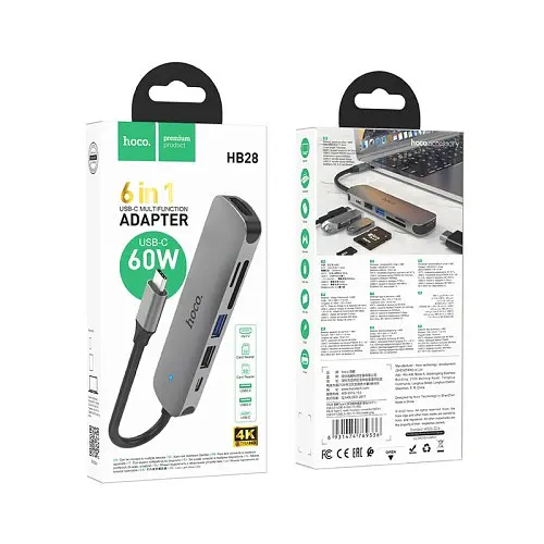 Type-C(PD) HUB Hoco HB28 Type-C multi-function converter (HDTV+USB3.0+USB2.0+SD+TF+PD) Metal Grey - фото 5