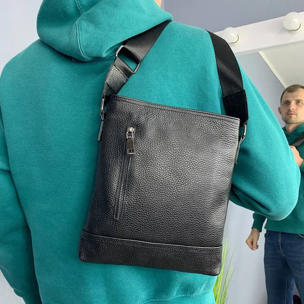 Сумка чоловіча шкіряна Handycover S106 чорна кроссбоді з кишенею - фото 9