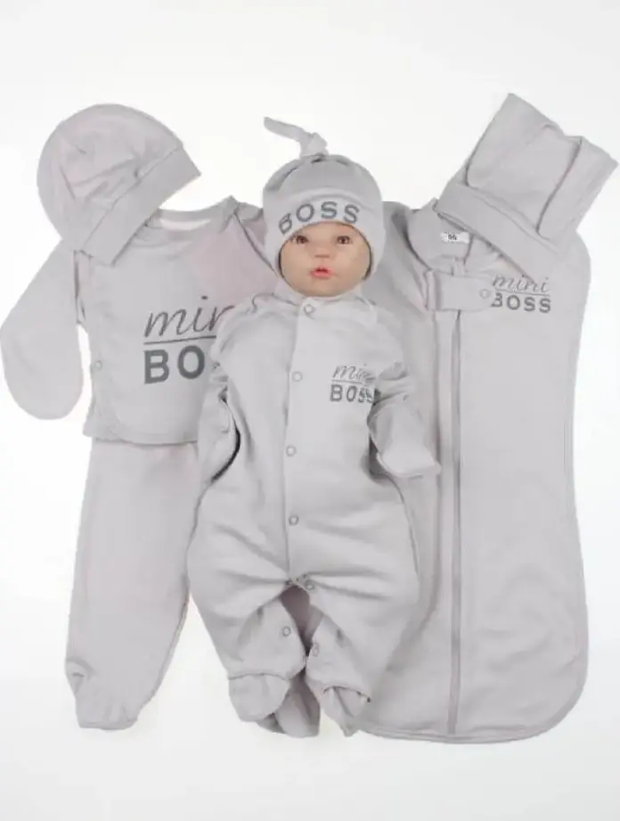 Комплект одягу для новонародженого хлопчика 7 предметів + європелюшка Mini Boss розмір 56 см Lari Сірий - фото 2