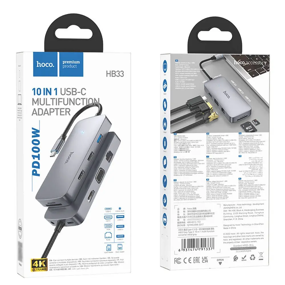 Мульти адаптер хаб Hoco HB33 10в1 Type-C to USB 3.0/ 2 USB 2.0/ Type-C/ HDMI/ VGA/ RJ45/ AUX/ SD/ TF PD 100W 0.18m серый - фото 8