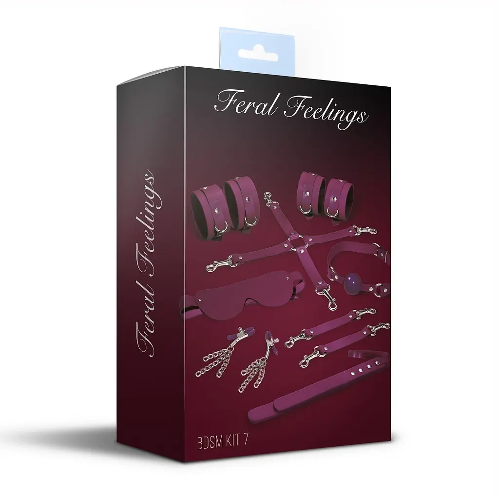 Набір Feral Feelings BDSM Kit 7 Burgundy, наручники, поножі, конектор, маска, падл, кляп, затискачі - фото 2