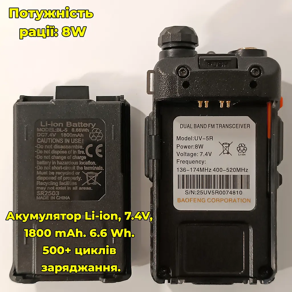 Рація дводіапазонна Baofeng UV-5R (136-174 MHz, 400-520 MHz), 8 Вт, 1800 mAh + Гарнітура у подарунок - фото 8
