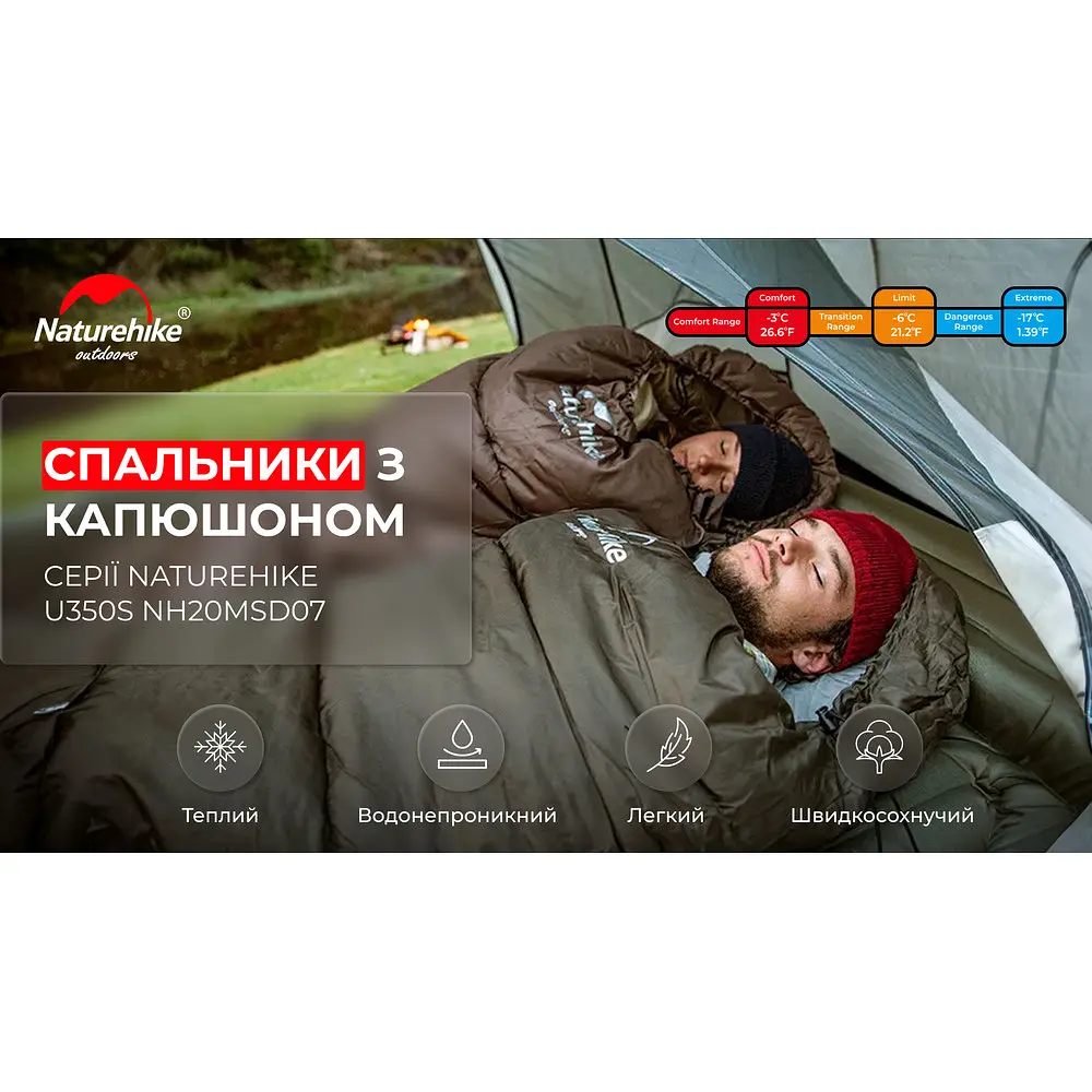 Спальник з капюшоном Naturehike U350S NH20MSD07, (-3°C), лівий, темно-зелений - фото 7