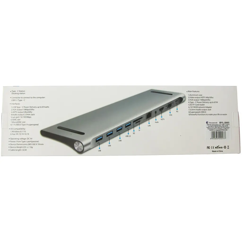 Порт-реплікатор Dynamode 11-in-1 USB-C to HDTV 4K/30Hz, VGA, 1хUSB3.0, RJ45, Type-C PD, Audio, SD/MicroSD (BYL-2003) - фото 11