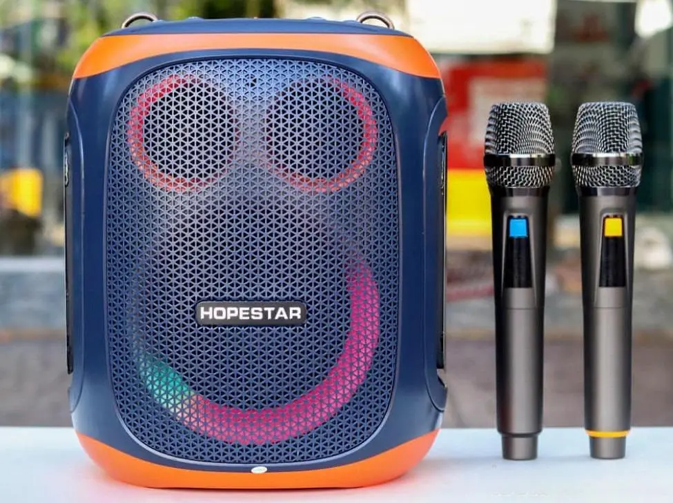 Портативна акумуляторна бездротова колонка Bluetooth 2 мікрофона караоке акустична система 120Вт з LED світломузикою Hopestar Party 130 чорний - фото 7