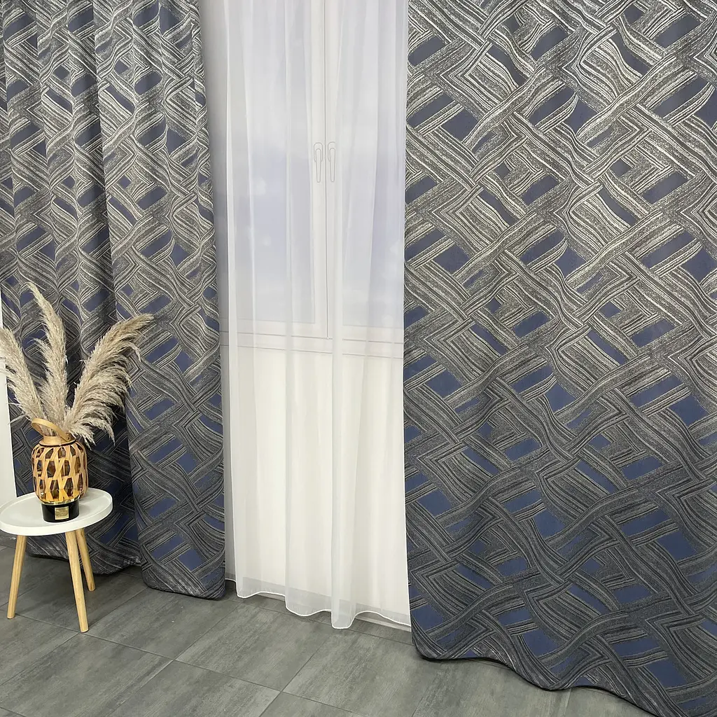 Жакардові штори "геометрія" сіро-графітового кольору 2шт. 150х270 з білим шифоновим тюлем 400х270, н ALBO pbe0052784 - фото 9
