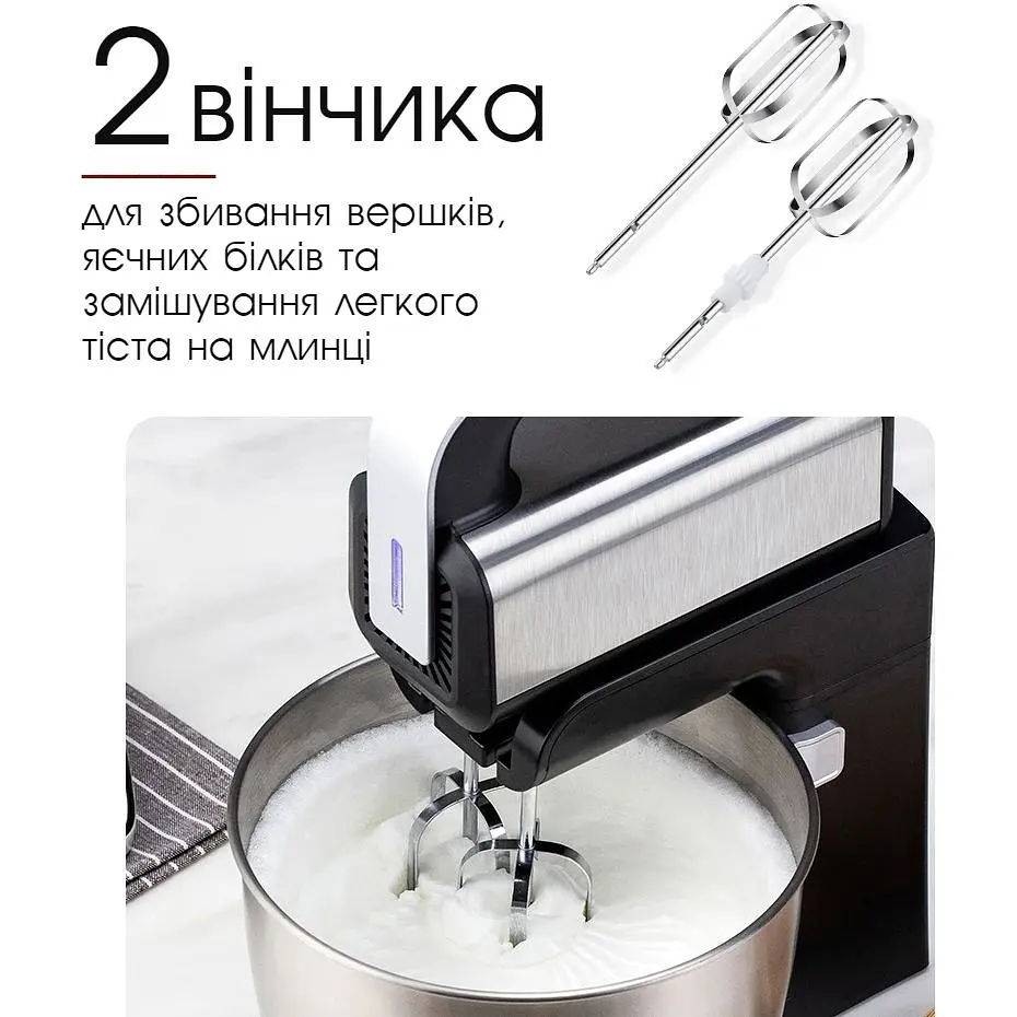 Миксер с чашей Bitek Stand Mixer миксер кухонный, ручной миксер, миксер планетарный с насадкой для затворения теста, Черный - фото 4