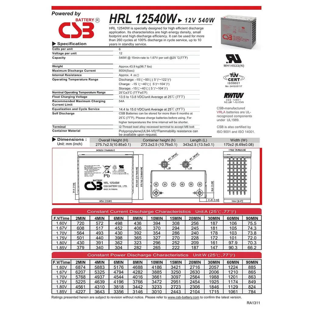 Акумуляторна батарея для ДБЖ CSB AGM VRLA 12 V / 130 А*ч (HRL12540W) - фото 2