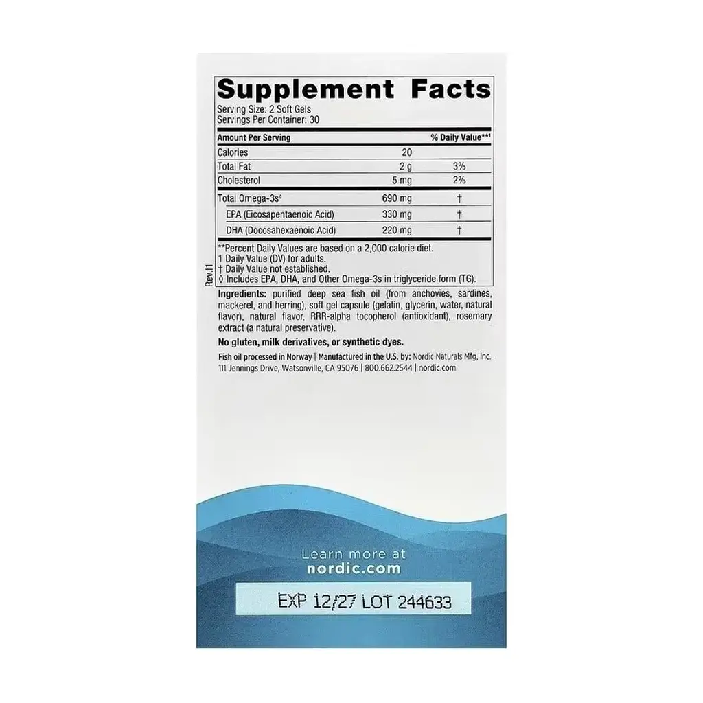 Витаминно-минеральный комплекс Nordic Naturals Омега-3, 690 мг на порцию, вкус лимона, Omega-3, 60 гелевых кап (NOR-01760) - фото 2