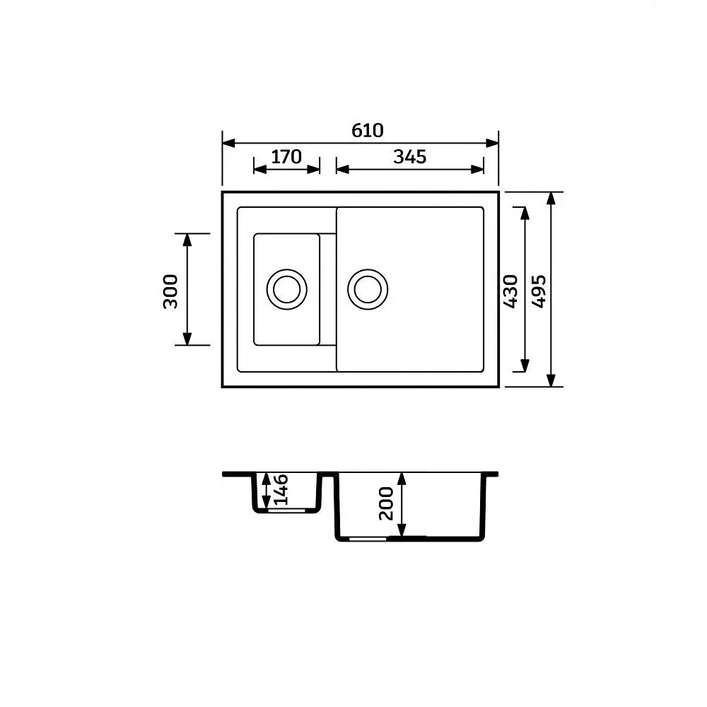 Кухонна мийка Adamant DUPLEX чорний металік 610x495x200 мм, з додатковою чашею 61 см - фото 2