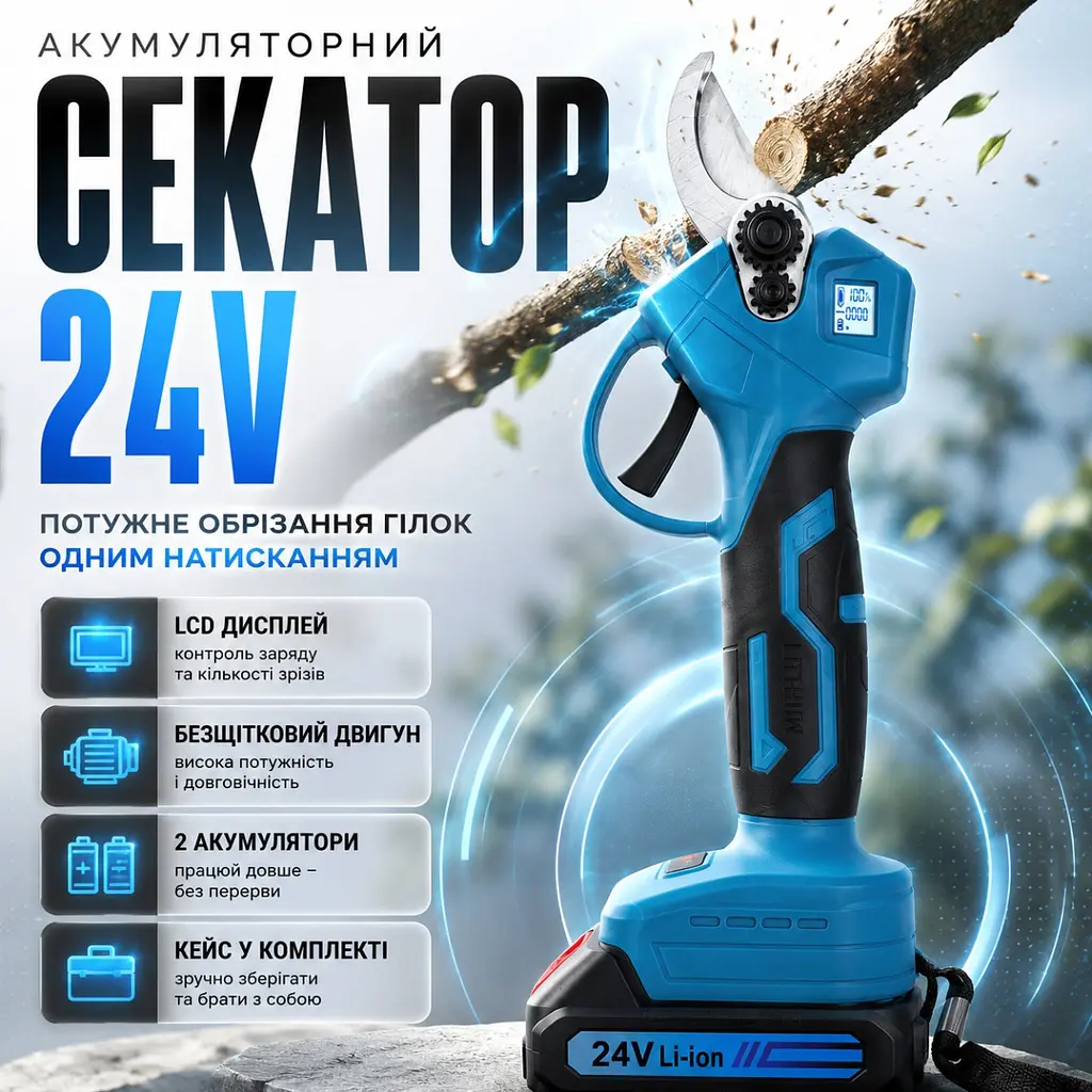 Акумуляторний електричний секатор 24V з безщітковим двигуном, LCD-дисплеєм, двома акумуляторами та кейсом - фото 7