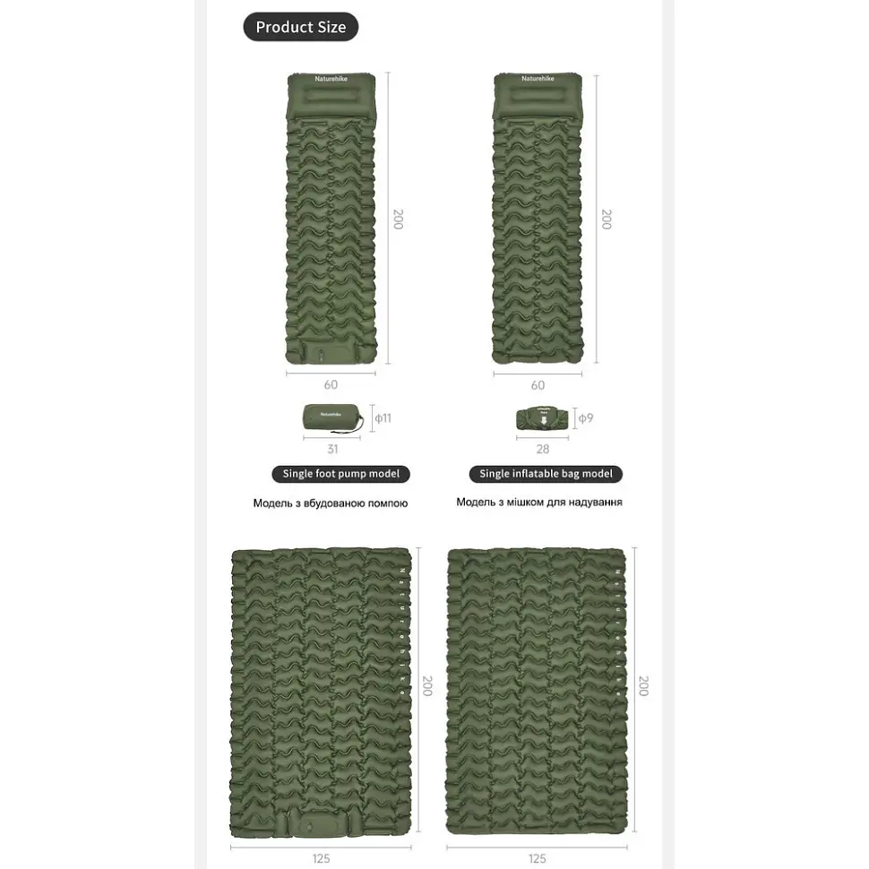 Матрас двухместный Naturehike CNK2550WS019 (65 мм) с мешком для надувания Зеленый - фото 10