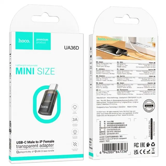 Адаптер Hoco UA36D Type-C тато to Lighting мама transparent adapter Black - фото 2