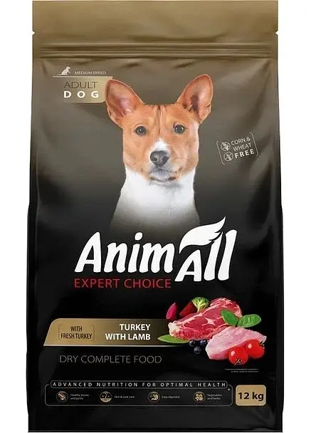 AnimAll сухий корм для собак середніх порід зі свіжою індичкою та ягням, 12 кг
