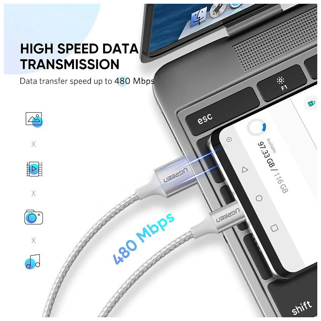 Дата кабель USB 2.0 AM to Type-C 1.5m 3.0A 18W US288 White Ugreen (60132) - фото 2