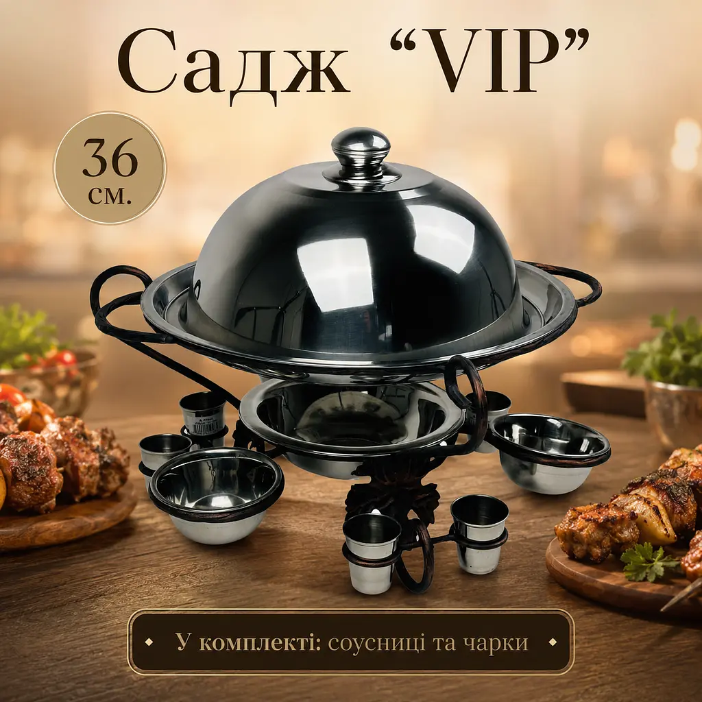 Садж для подачі та підігріву шашлику 36 см VIP Виноградний лист з соусницями, чарками і кришкою - фото 4