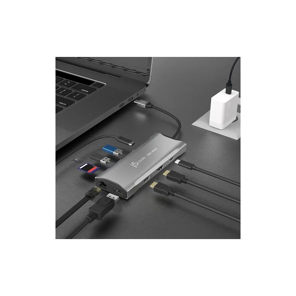 Концентратор J5create USB-C 9-in-1 2xUSB 3.2 + 2xUSB-C PD + 2xHDMI 4K + DisplayPort + SD/TF + RJ45 1000Mbps gray (JCD397-N) - фото 6