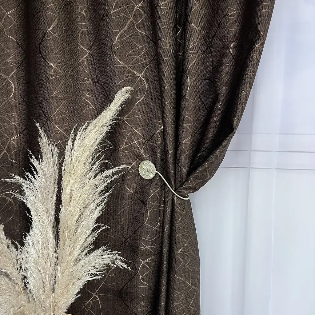 Льняні штори "бите скло" коричневого кольору 2шт. 150х270 з білим шифоновим тюлем 400х270, на тасьмі ALBO pbe0052733 - фото 9