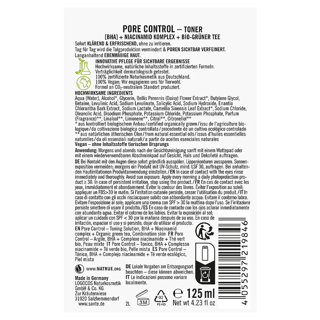 БИО-Тоник PORE CONTROL для комбинированной кожи лица с BHA-кислотой SANTE ниацинамидным комплексом и зеленым чаем SANTE 125 мл - фото 2