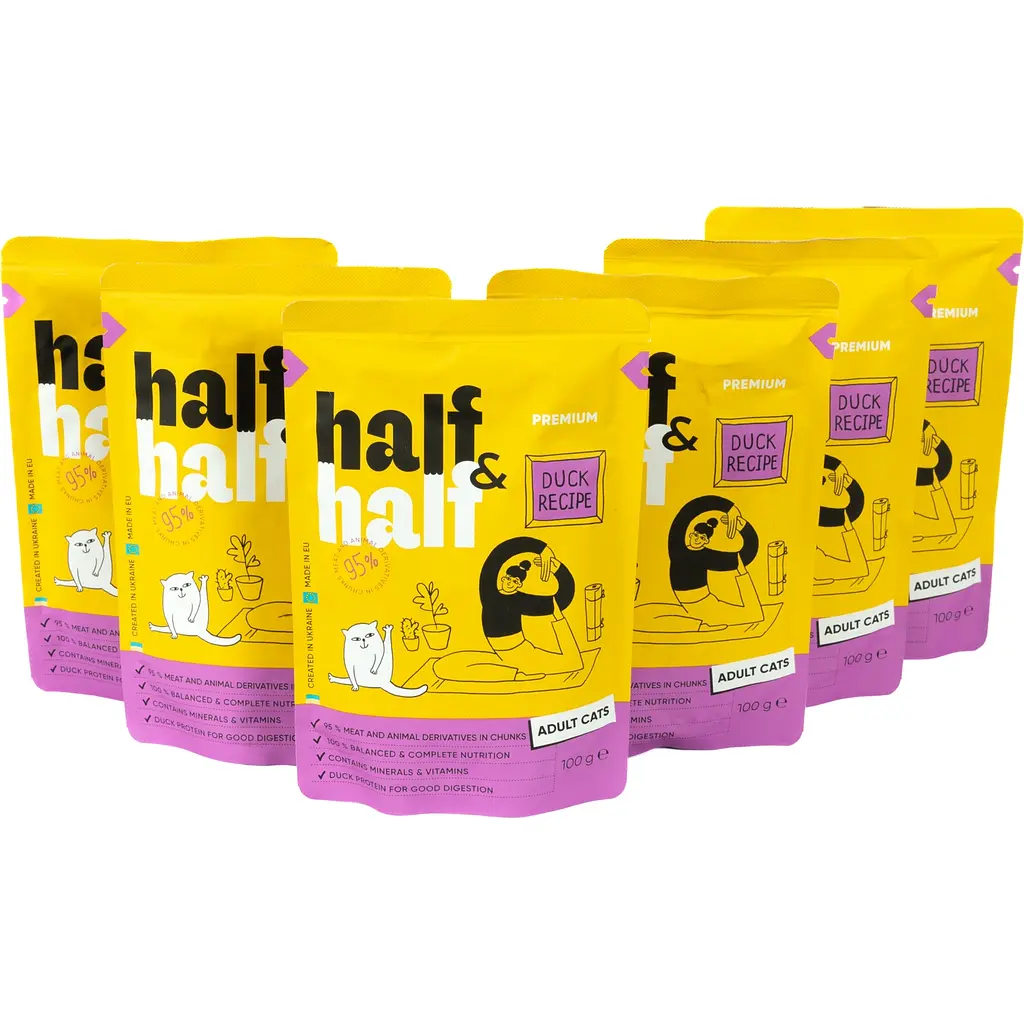 Набор влажных кормов для взрослых кошек Half & Half кусочки с уткой в ​​соусе 600 г (6 шт. х 100 г) - фото 2