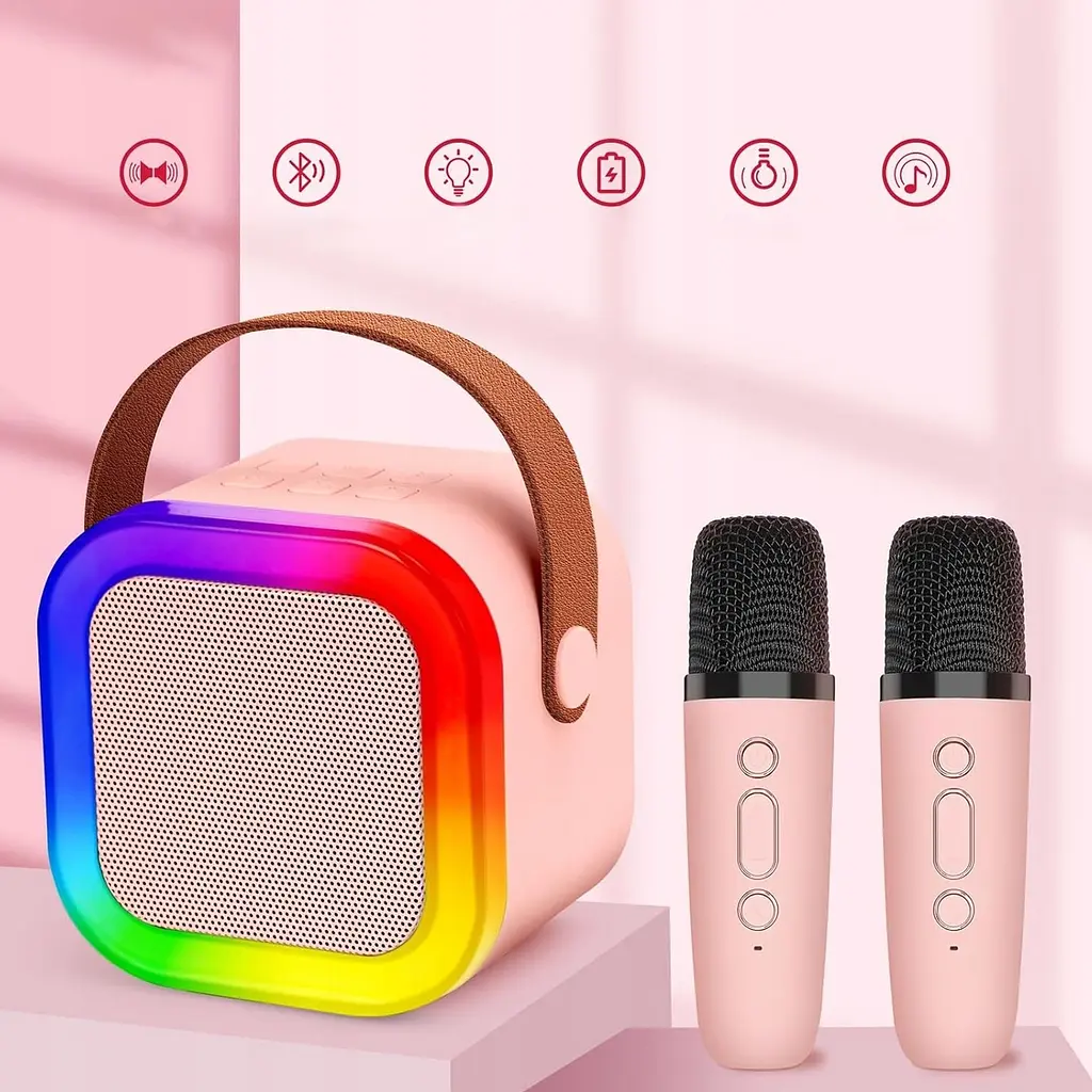 Колонка караоке та 2 мікрофони зі зміною голосу Bluetooth колонка з RGB підсвічуванням UKC K2 рожева - фото 2