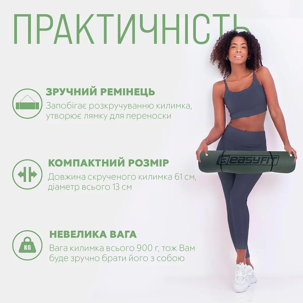 Килимок для йоги та фітнеса EasyFit TPE+TC 6мм двошаровий + Чохол чорний з зеленим - фото 2
