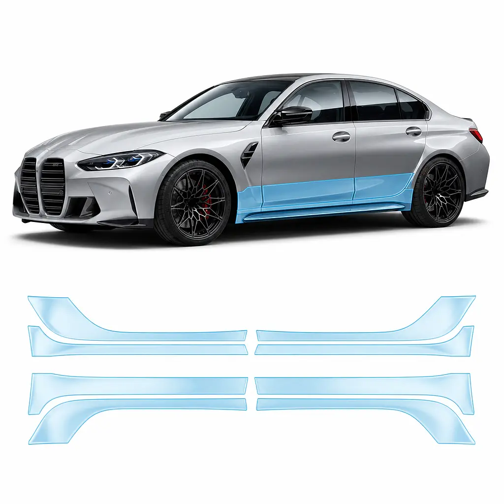 Антигравійна захисна бронеплівка за лекалами для BMW M3 G80 facelift 2024- нижня зона кузова та пороги