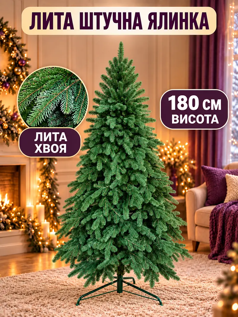 Лита штучна ялинка ЕЗ18 Говерла 180 см на металевій підставці, зелена (49676476) - фото 2
