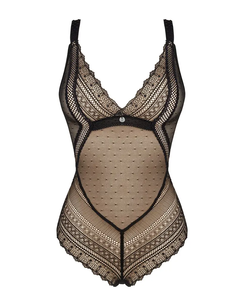 Мереживне боді з декольте Obsessive Estiqua teddy M/L, чорне, широкі лямки - фото 5