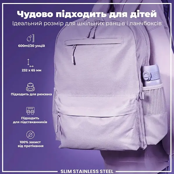 Пляшка для води ION8 металева 600 мл Stainless Steel Light Purple (I8SS600PERI) - фото 5
